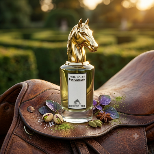 Frasco de Penhaligon's Fortuitous Finley con tapón de caballo sobre cuero de montar con pistachos salados, hojas de violeta y té matcha, estilo Casa Flores.
