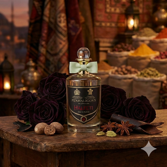 Frasco de perfume Penhaligon's Halfeti rodeado de rosas oscuras y especias en un mercado exótico.