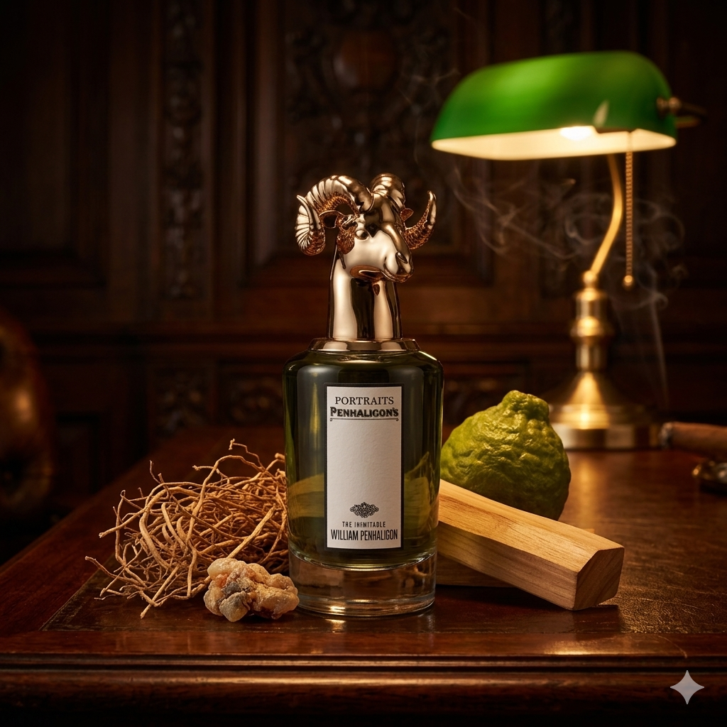 Frasco de The Inimitable William Penhaligon con tapón de carnero sobre escritorio de caoba con vetiver y sándalo, estilo Casa Flores.