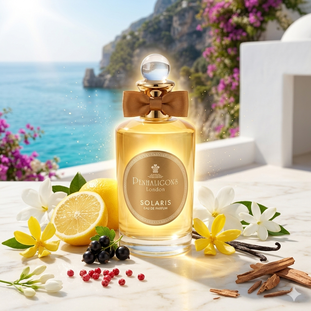 Frasco de Penhaligon's Solaris bajo luz solar radiante con limones frescos, grosellas negras, flores de tiaré, ylang-ylang y vainilla, estilo Casa Flores.