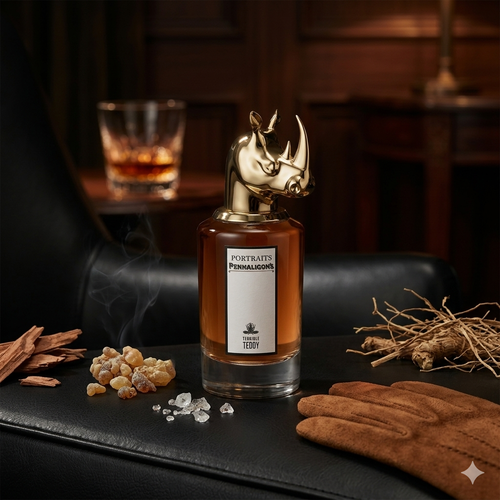 Frasco Portraits de Penhaligon's Terrible Teddy con tapón de rinoceronte sobre cuero oscuro con incienso humeante y ambroxan, estilo Casa Flores.