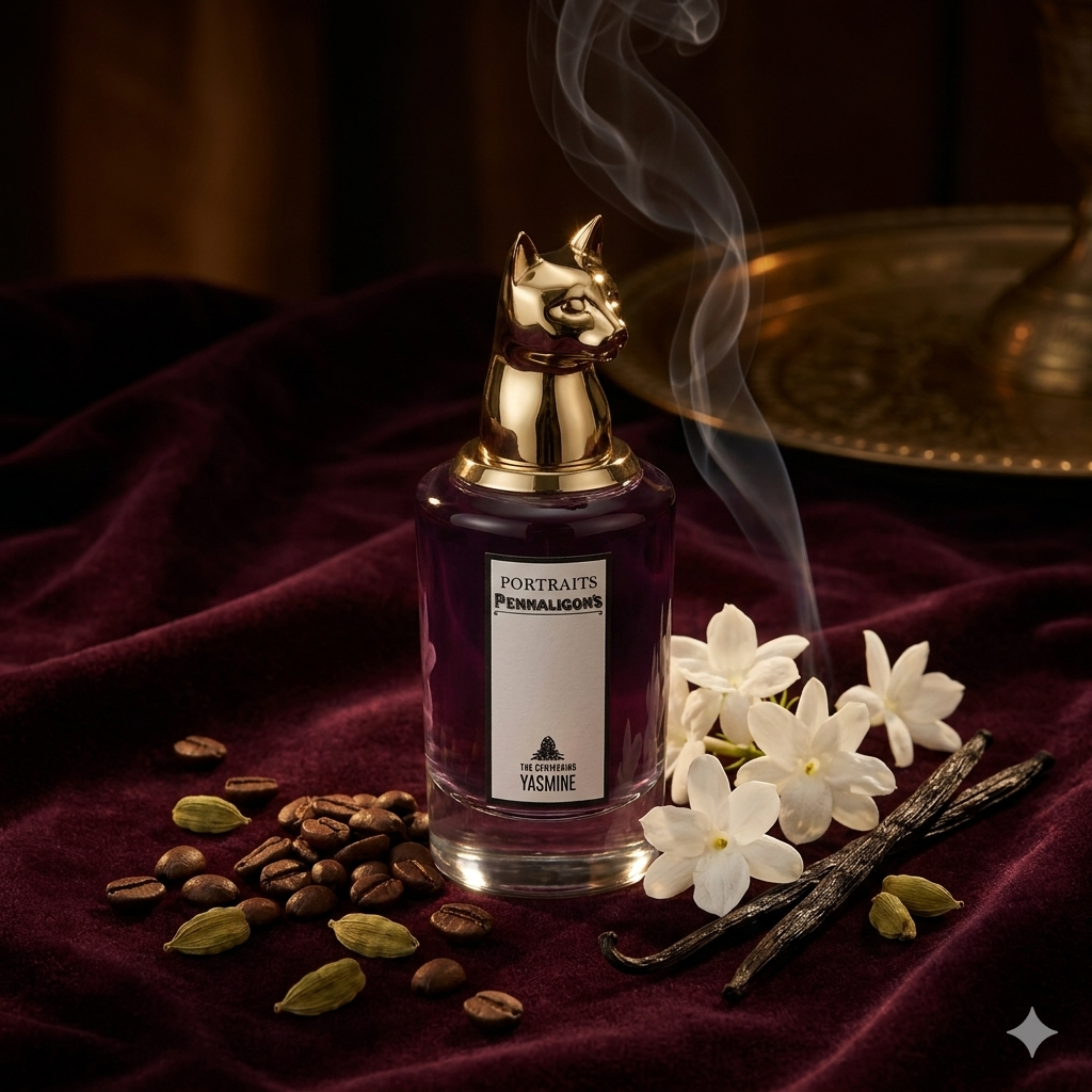 Frasco con cabeza de gato dorado de Penhaligon's Yasmine sobre terciopelo con café, cardamomo, jazmín y vainilla, estilo Casa Flores.