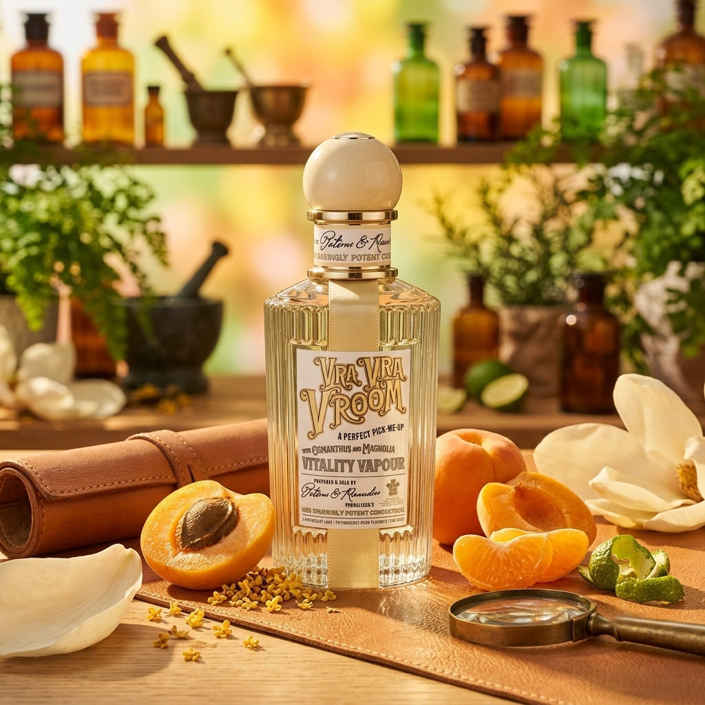 Frasco de vidrio acanalado con tapón crema de Penhaligon's Vra Vra Vroom sobre superficie soleada con chabacano y osmanto, estilo Casa Flores.