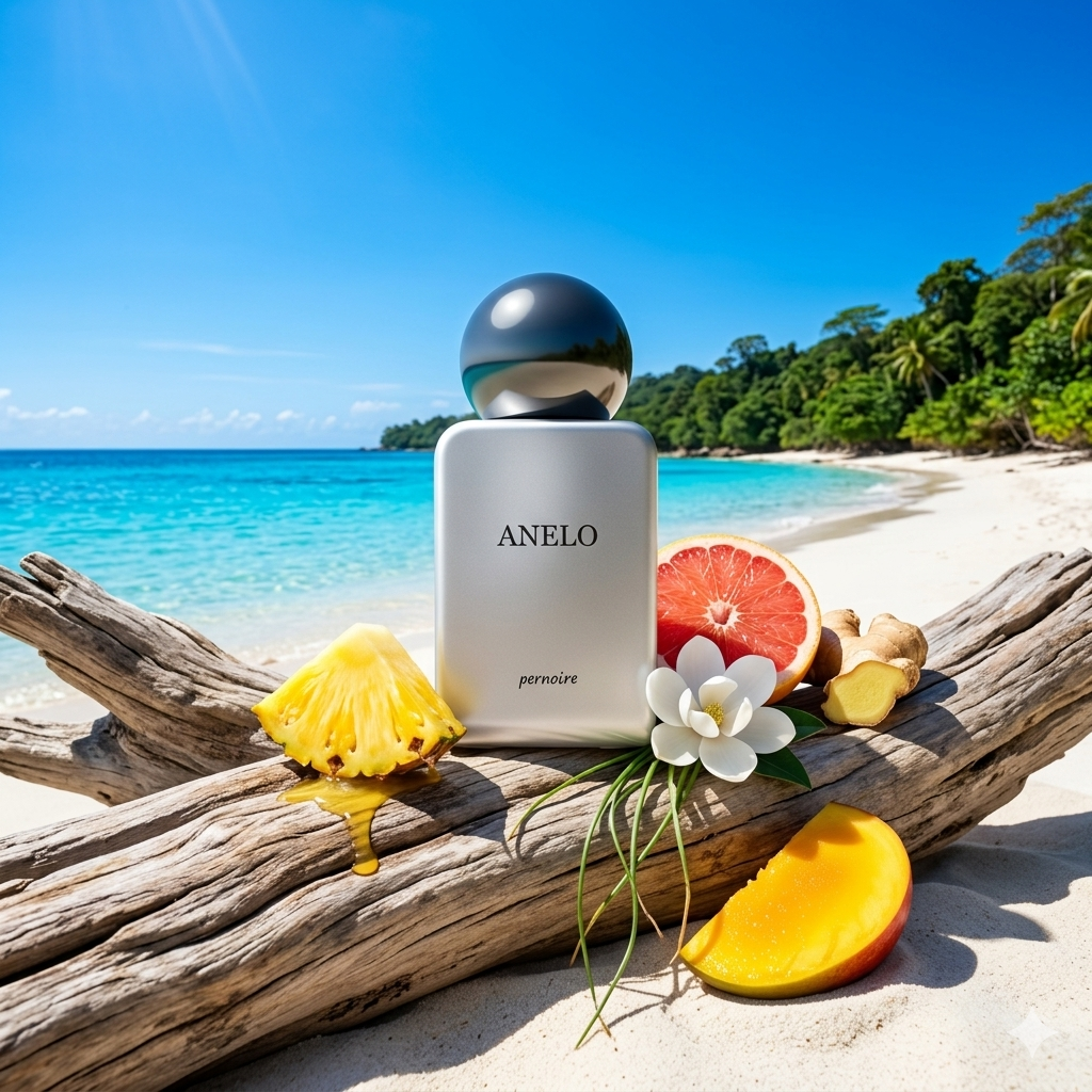 Frasco de Pernoire Anelo en una playa tropical virgen con piña fresca, mango, pomelo, raíz de jengibre y vetiver, estilo Casa Flores.