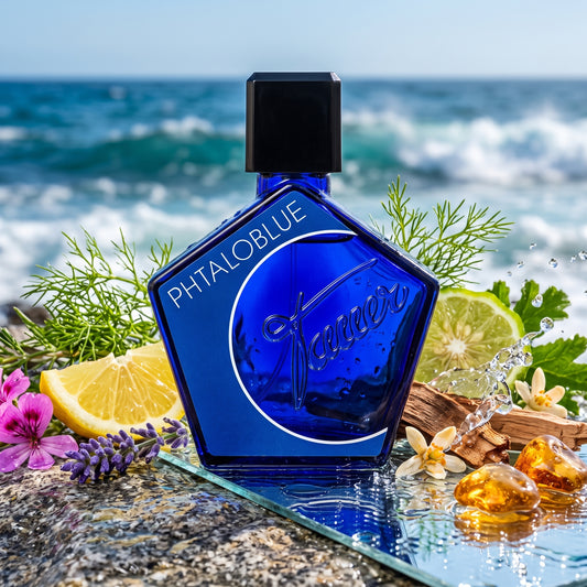 Frasco pentagonal azul de Phtaloblue de Tauer Perfumes sobre agua con hinojo, lavanda y notas marinas, estilo Casa Flores.