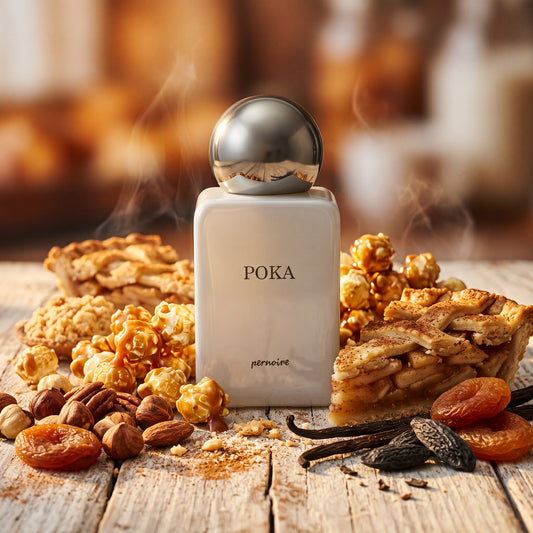 Frasco blanco brillante con tapón esférico gris oscuro de Poka de Pernoire, rodeado de palomitas de maíz con caramelo, pastel de manzana, nueces y canela, estilo Casa Flores.