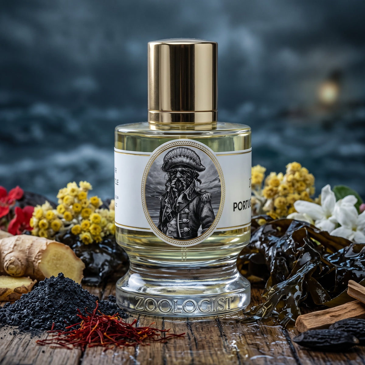 Frasco transparente con líquido amarillo pálido y etiqueta ilustrada de un pirata con rostro de tentáculos de Portuguese Man O' War de Zoologist Perfumes, rodeado de pólvora, azafrán y algas, estilo Casa Flores.