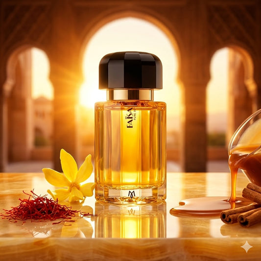 Frasco tintero de Ramon Monegal Faïsa bañado en luz dorada con azafrán rojo, ylang-ylang, caramelo líquido y ámbar, estilo Casa Flores.