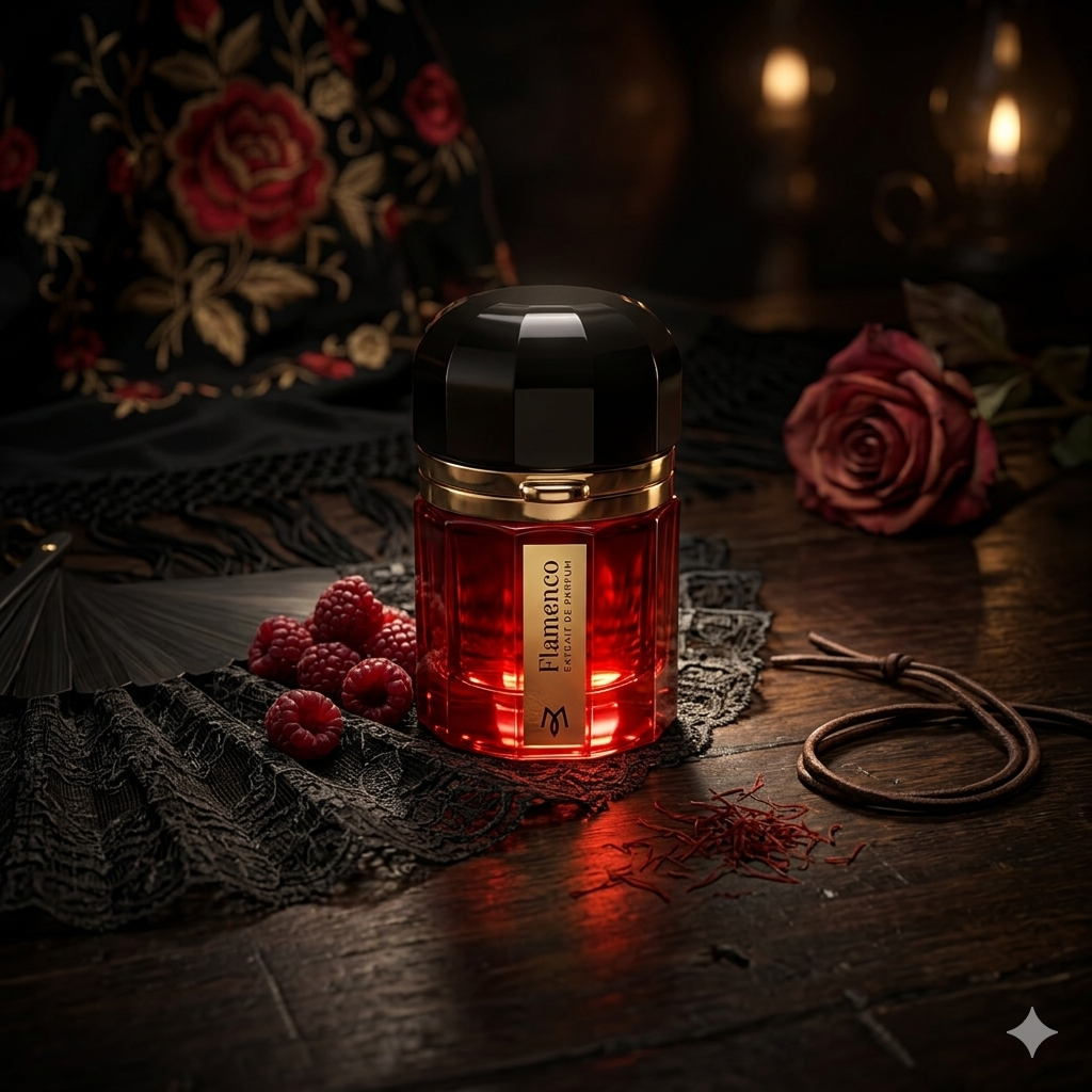 Frasco de Ramon Monegal Flamenco Extrait sobre un tablao de madera oscura con frambuesa, azafrán y abanico, estilo Casa Flores.