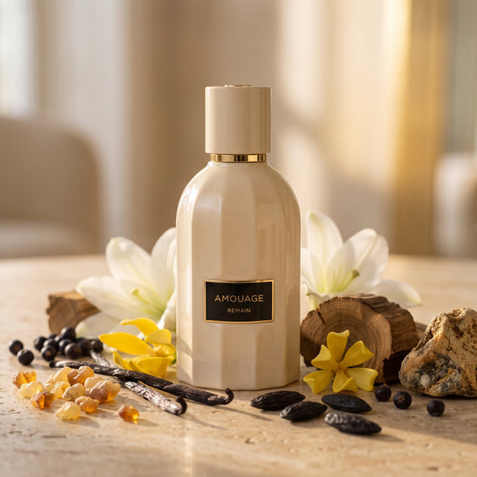 Frasco acanalado de color beige crema con etiqueta negra y letras de Remain de Amouage, rodeado de incienso, vainilla, ylang-ylang y ámbar gris, estilo Casa Flores.