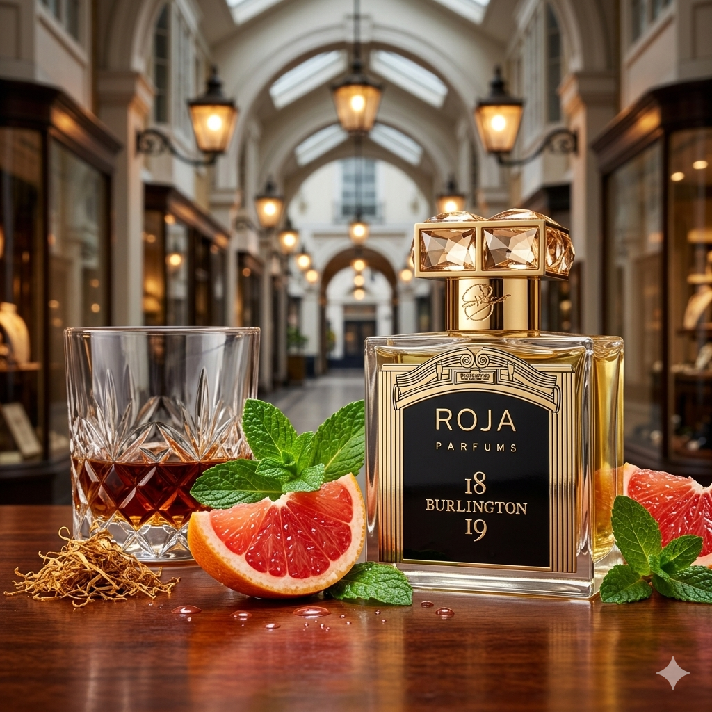Frasco de Roja Parfums Burlington 1819 sobre madera de caoba con pomelo rosado y menta fresca, estilo Casa Flores.