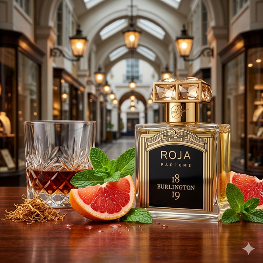 Frasco de Roja Parfums Burlington 1819 sobre madera de caoba con pomelo rosado y menta fresca, estilo Casa Flores.