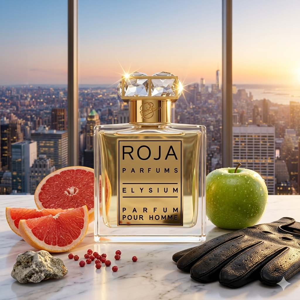 Frasco de Roja Parfums Elysium Parfum con placa dorada sobre mármol con toronja y cuero, estilo Casa Flores.