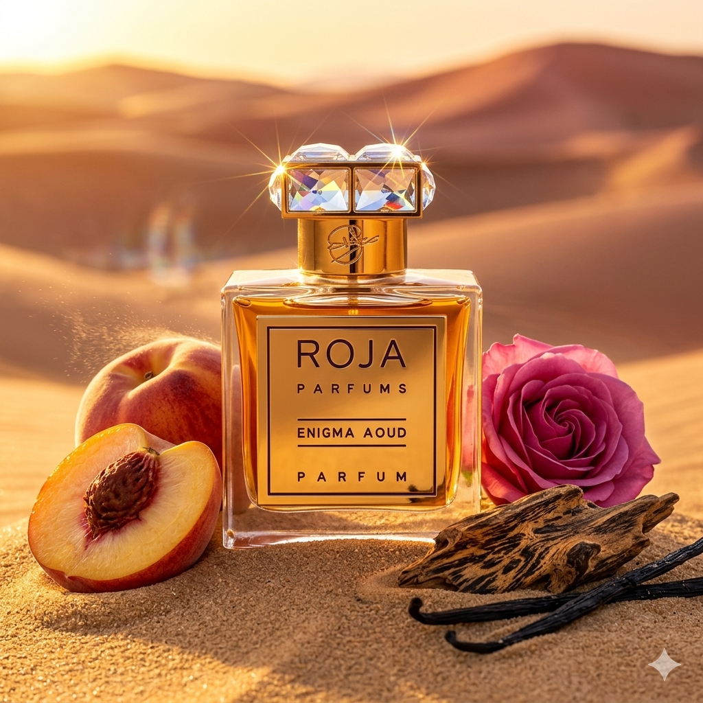 Frasco de Roja Parfums Enigma Aoud sobre arena dorada con melocotón, rosas y madera de agar, estilo Casa Flores.