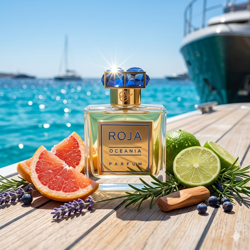 Frasco azul de Roja Parfums Oceania Parfum sobre cubierta de yate con cítricos y hierbas aromáticas, estilo Casa Flores.