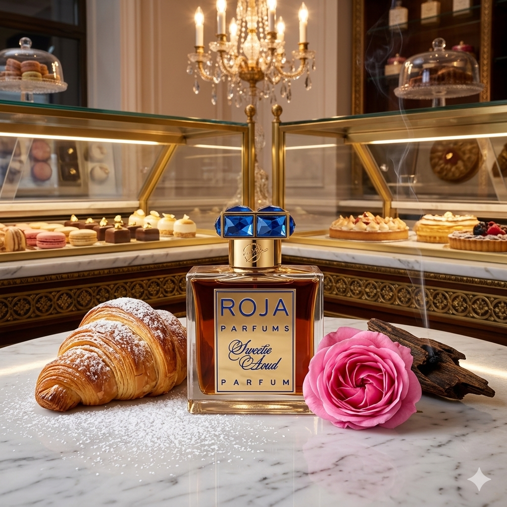 Frasco de Roja Parfums Sweetie Aoud sobre mármol con cruasanes franceses y madera de agar, estilo Casa Flores.