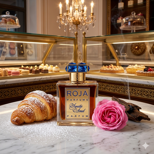 Frasco de Roja Parfums Sweetie Aoud sobre mármol con cruasanes franceses y madera de agar, estilo Casa Flores.