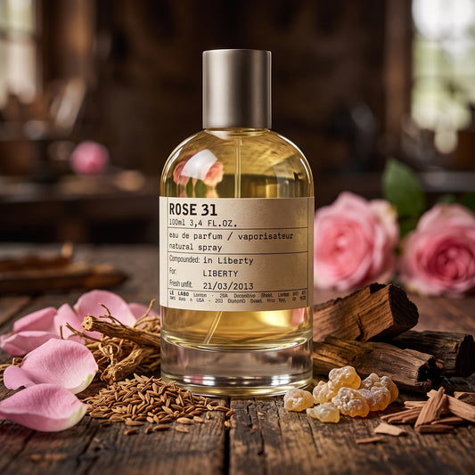 Frasco de botica de Rose 31 de Le Labo con etiqueta de máquina de escribir sobre madera rústica con rosas rosadas, comino y madera de gaiac, estilo Casa Flores.