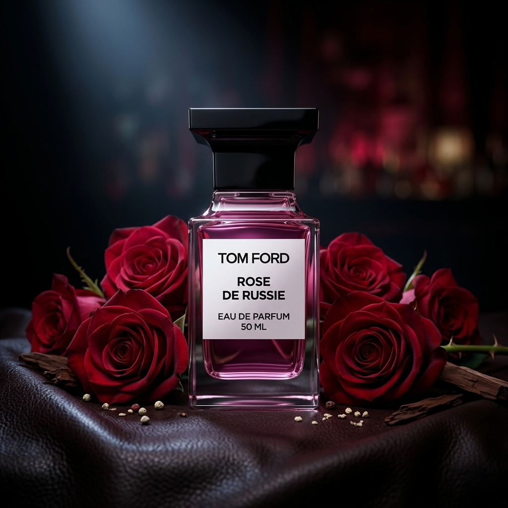 Frasco magenta de Tom Ford Rose de Russie con etiqueta blanca sobre cuero negro con rosas rojas y pimienta blanca, estilo Casa Flores.