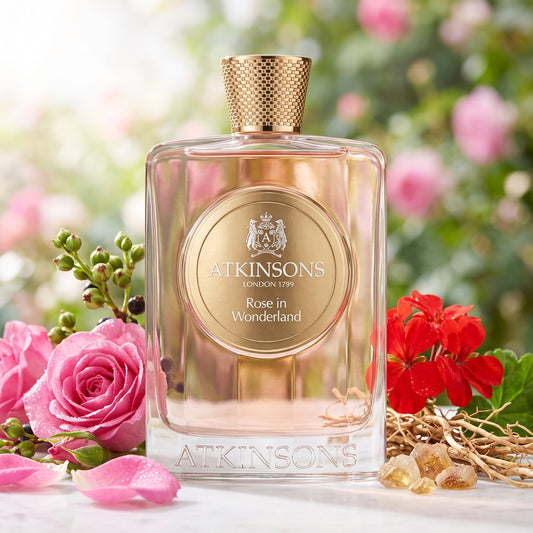 Frasco transparente con líquido rosado, placa y tapón dorado de Rose in Wonderland de Atkinsons, rodeado de rosas, geranio y vetiver, estilo Casa Flores.