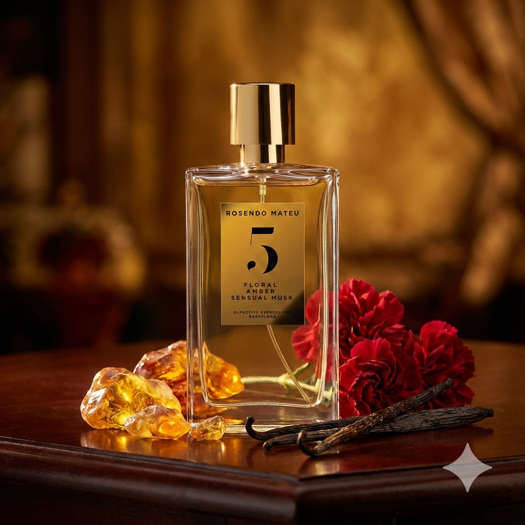 Frasco transparente y dorado del perfume Rosendo Mateu Nº 5 rodeado de vainilla, ámbar iluminado y flores exóticas.