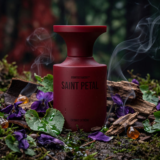 Frasco cilíndrico mate de color rojo oscuro burdeos de Saint Petal de BORNTOSTANDOUT, rodeado de violetas magulladas, cuero, madera de oud e incienso humeante, estilo Casa Flores.