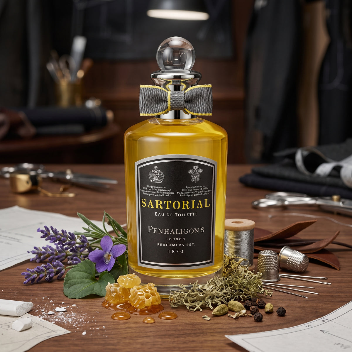 Frasco cilíndrico clásico con líquido amarillo, etiqueta negra en forma de escudo y lazo gris con bordes amarillos de Sartorial de Penhaligon's, rodeado de lavanda, notas metálicas, cuero y miel, estilo Casa Flores.