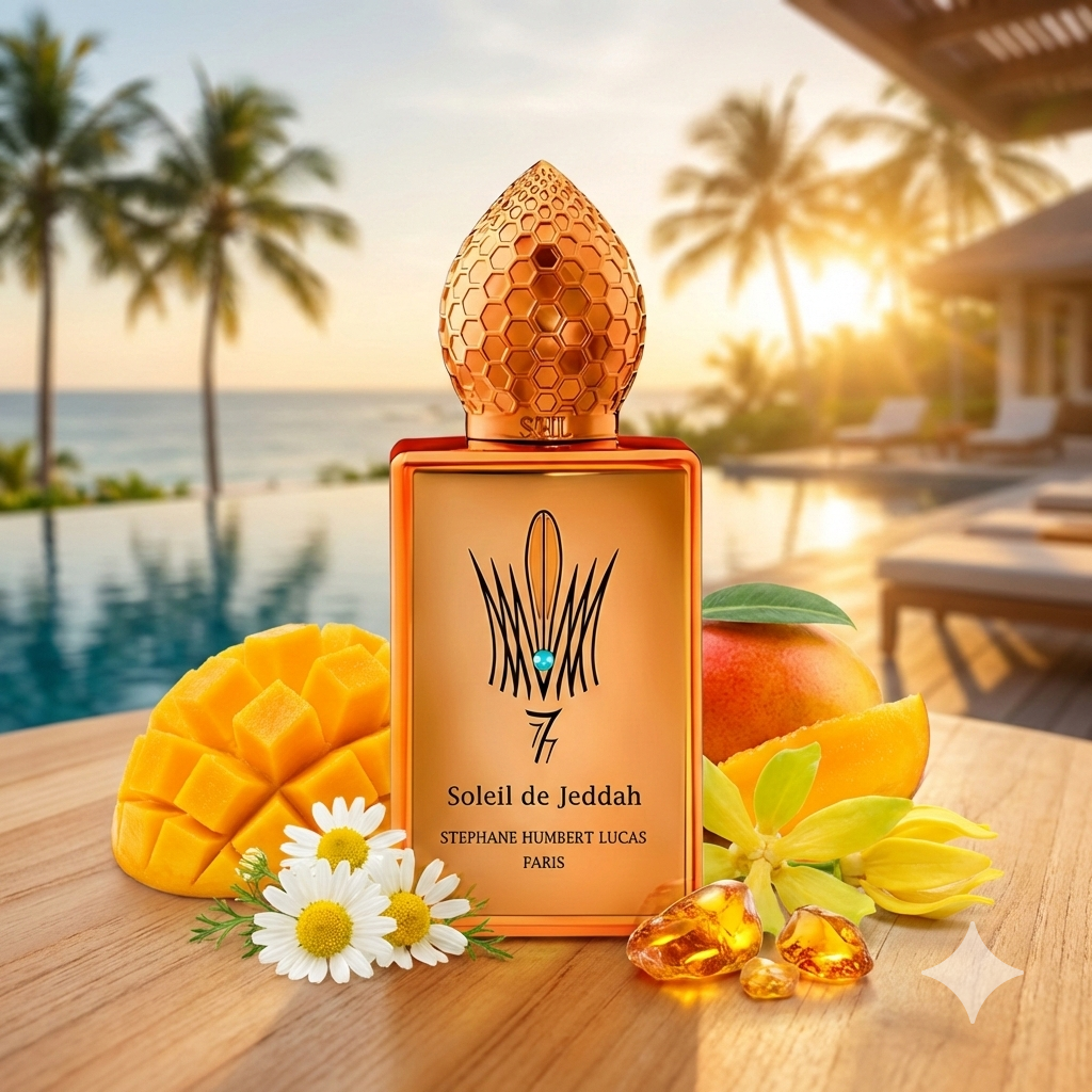 Frasco amarillo de Soleil de Jeddah Mango Kiss de Stéphane Humbert Lucas rodeado de mangos, flores de manzanilla y un ambiente tropical lujoso al atardecer.