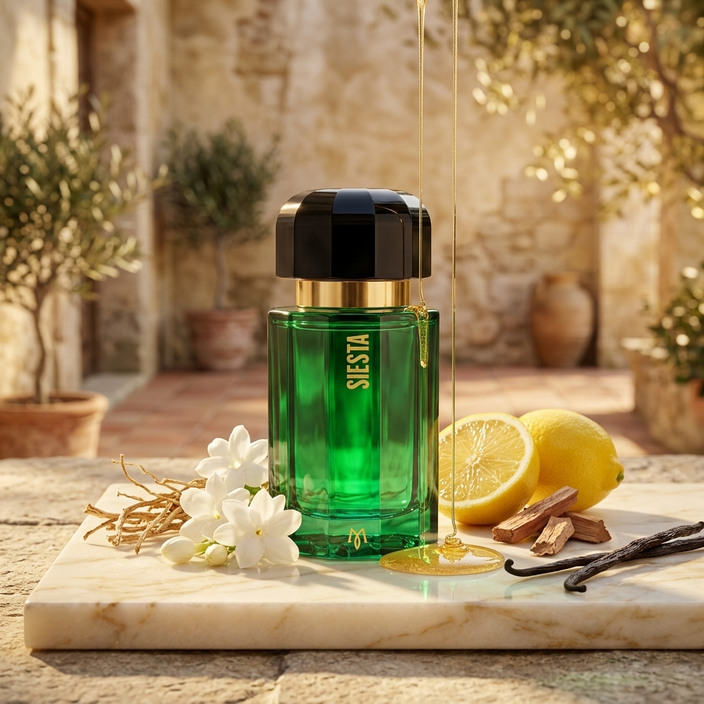 Frasco verde esmeralda de Ramon Monegal Siesta sobre piedra con miel, limón, cedro y vainilla, estilo Casa Flores.