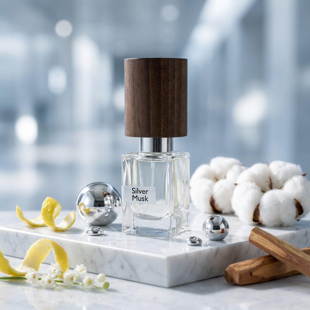 Frasco de Nasomatto Silver Musk con tapón de madera clara sobre mármol blanco con mercurio líquido, algodón puro, cítricos y maderas, estilo Casa Flores sin bordes.