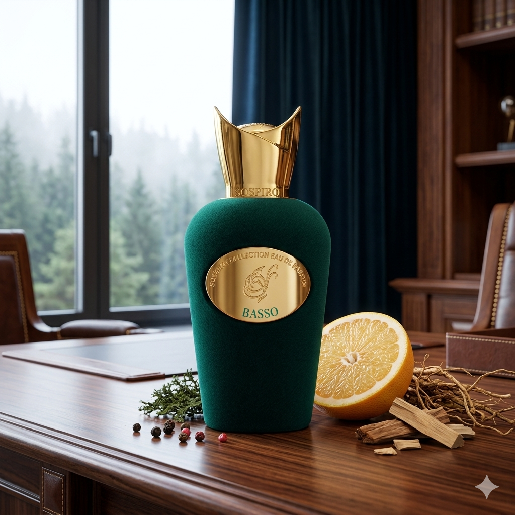 Frasco de terciopelo negro de Sospiro Basso sobre madera de cedro con pomelo fresco, vetiver, pimienta y musgo de roble, estilo Casa Flores.