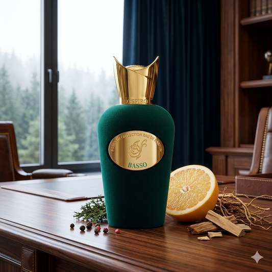 Frasco de terciopelo negro de Sospiro Basso sobre madera de cedro con pomelo fresco, vetiver, pimienta y musgo de roble, estilo Casa Flores.