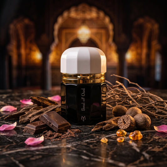 Frasco octogonal negro brillante con tapón blanco facetado y detalles dorados de Soul Of Oud de Ramon Monegal, rodeado de madera de oud, chocolate, rosa y ámbar, estilo Casa Flores.