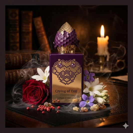Frasco púrpura de Stephane Humbert Lucas Crying of Evil entre humo de incienso con rosas rojas, nardos, bayas rosas y cuero oscuro, estilo Casa Flores.