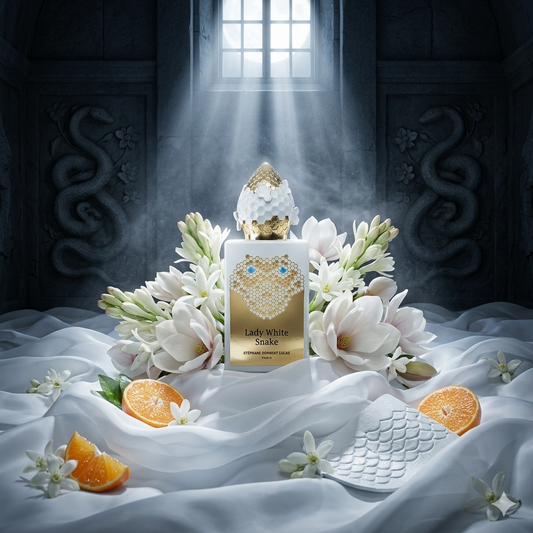 Frasco blanco y dorado de Stephane Humbert Lucas Lady White Snake sobre seda inmaculada con nardos cremosos, magnolia, mandarina fresca y escamas plateadas simbólicas, estilo Casa Flores.