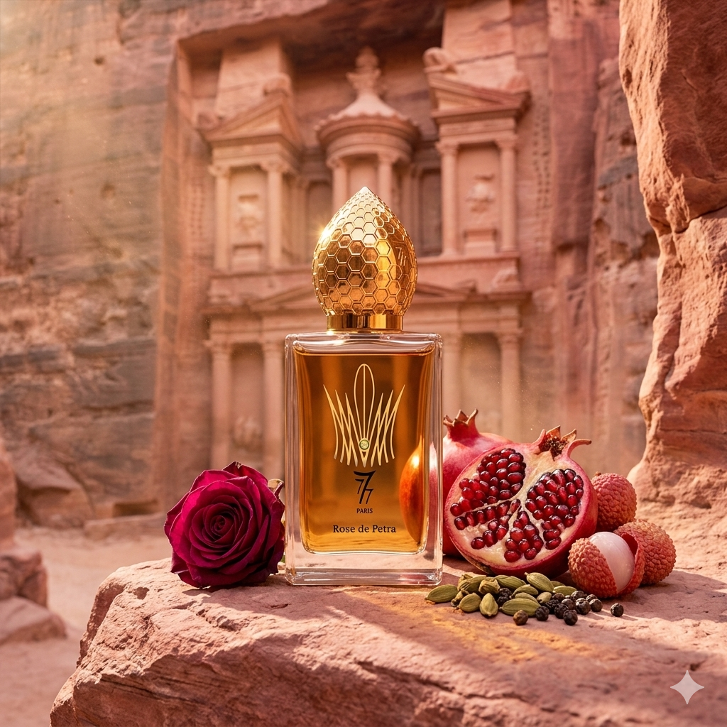Frasco de Stéphane Humbert Lucas Rose de Petra sobre piedra arenisca rosada del desierto con rosa búlgara, granada y cardamomo, estilo Casa Flores.