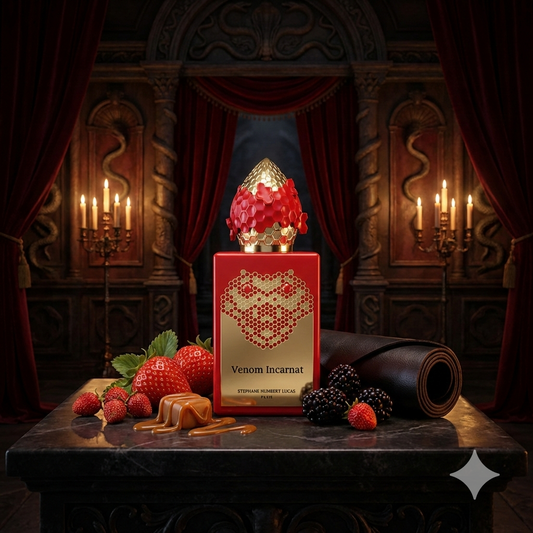 Frasco rojo con serpiente dorada del perfume Venom Incarnat de Stéphane Humbert Lucas, rodeado de fresas, moras, caramelo y cuero.