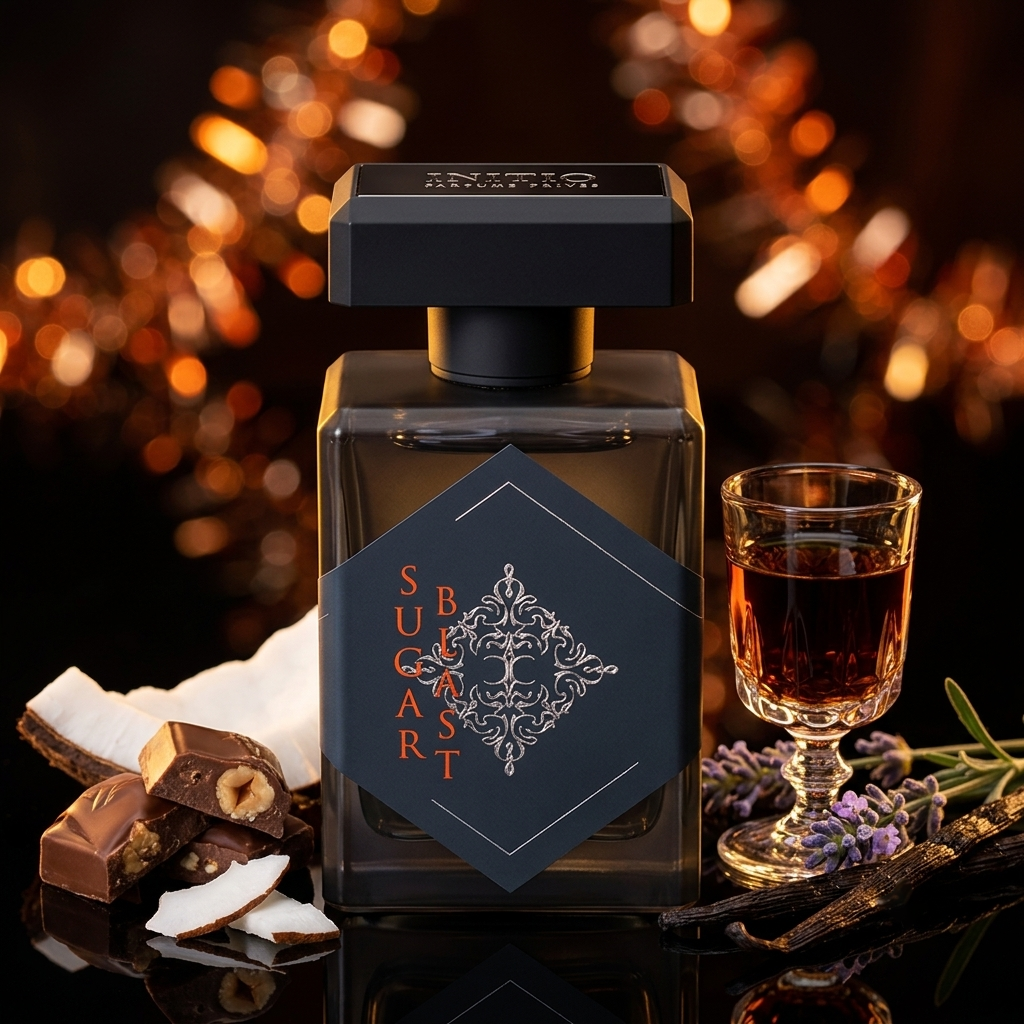 Frasco oscuro de cristal translúcido de Initio Sugar Blast sobre superficie oscura con coco, ron, praliné y vainilla, estilo Casa Flores.