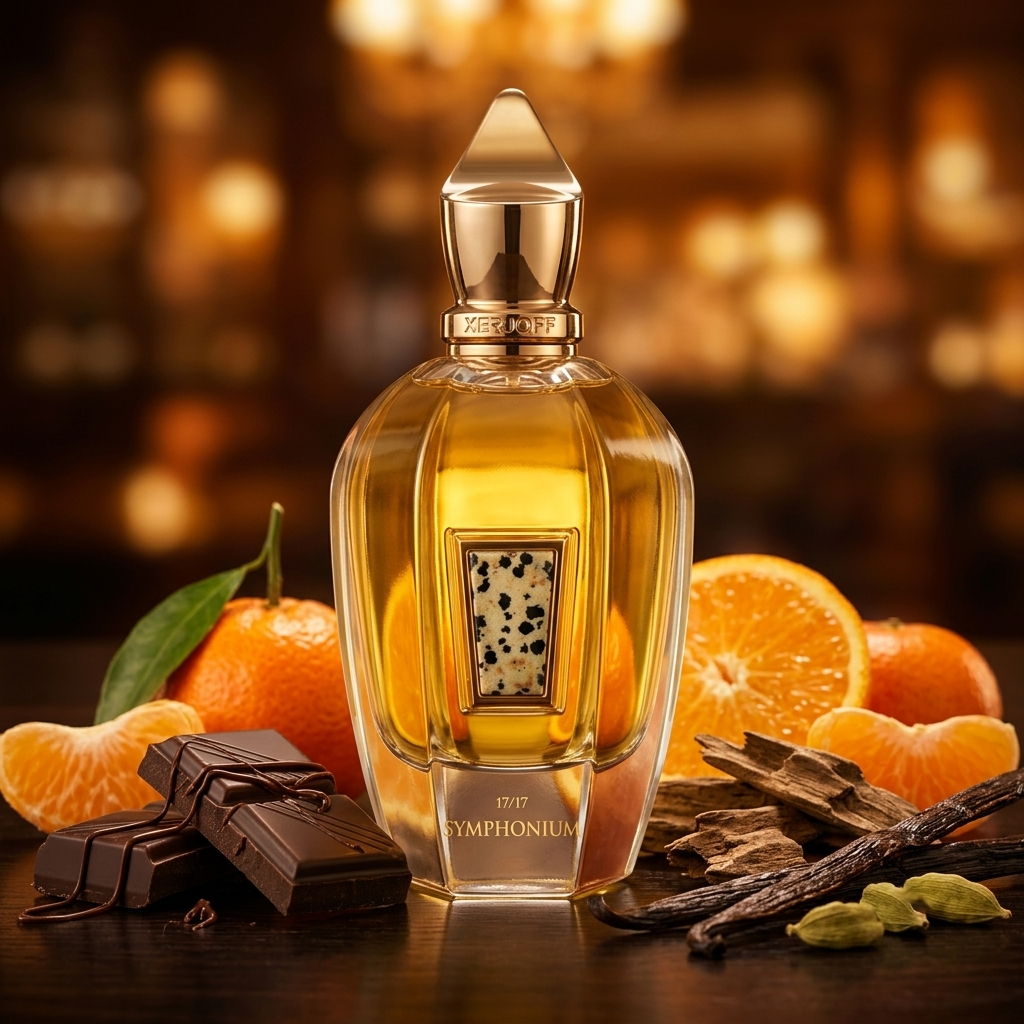 Frasco de cristal dorado con placa de piedra natural de Xerjoff Symphonium sobre madera oscura con mandarinas, chocolate derretido y astillas de oud, estilo Casa Flores.