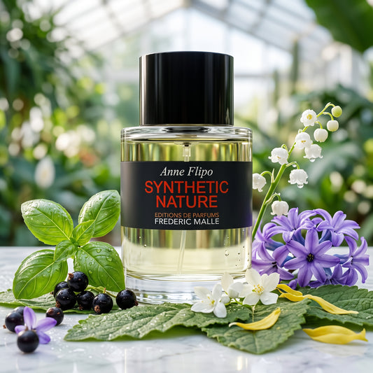 Frasco cilíndrico de Synthetic Nature de Frederic Malle con etiqueta negra y letras rojas, rodeado de lirio de los valles, albahaca y pachulí, estilo Casa Flores.