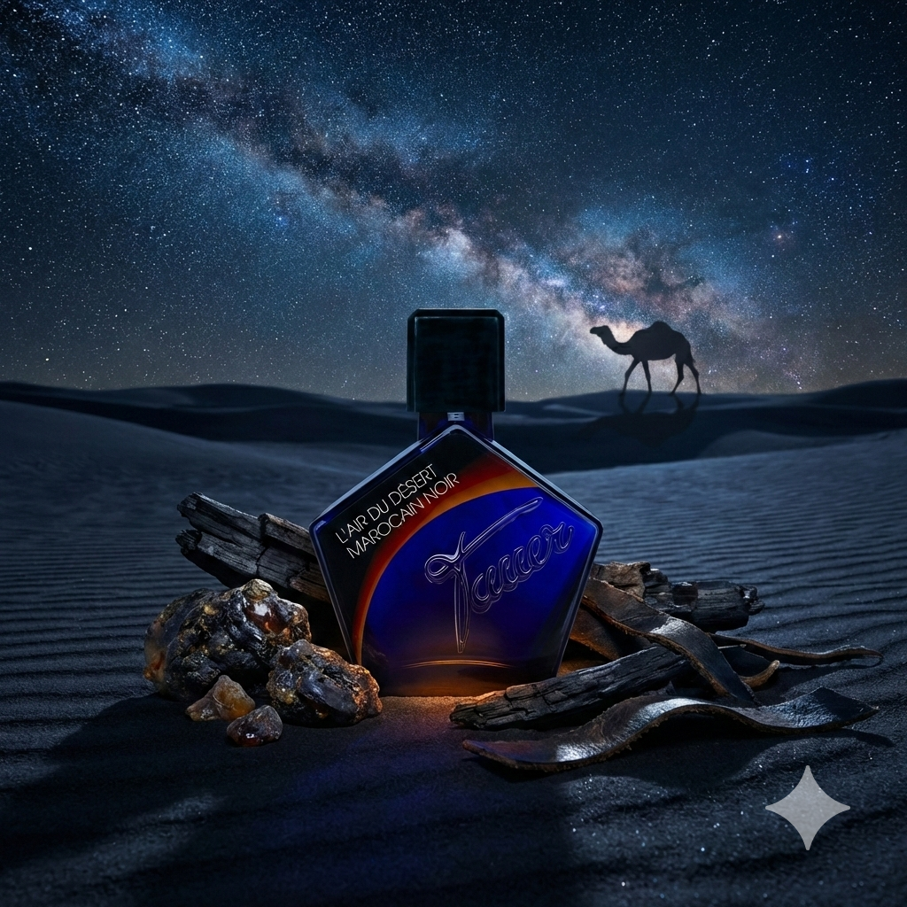 Frasco azul pentagonal del perfume Tauer L’Air du Désert Marocain Noir sobre arena oscura bajo un cielo nocturno lleno de estrellas.