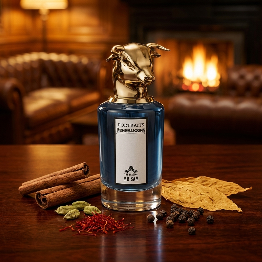 Frasco de Penhaligon's The Blazing Mr Sam con tapón de toro dorado sobre madera oscura con canela, cardamomo, azafrán y vainilla, estilo Casa Flores.