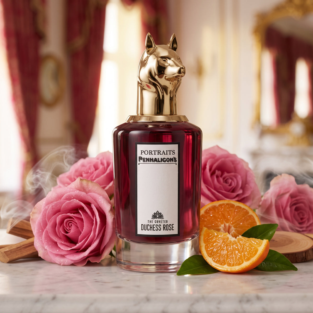 Frasco cilíndrico con líquido rojo burdeos, etiqueta vertical blanca y tapón dorado con forma de cabeza de zorro de The Coveted Duchess Rose de Penhaligon's, rodeado de rosas, mandarina, almizcle y maderas, estilo Casa Flores.
