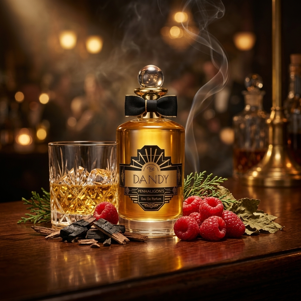 Frasco clásico de Penhaligon's The Dandy con lazo de pajarita sobre una barra de roble con frambuesas frescas, whisky ámbar y cedro, estilo Casa Flores.