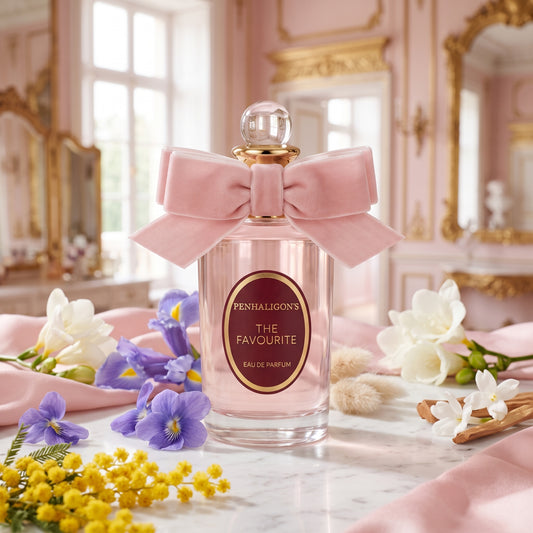 Frasco clásico de The Favourite de Penhaligon's con un gran lazo de terciopelo rosa, rodeado de flores de mimosa, violeta e iris, estilo Casa Flores.