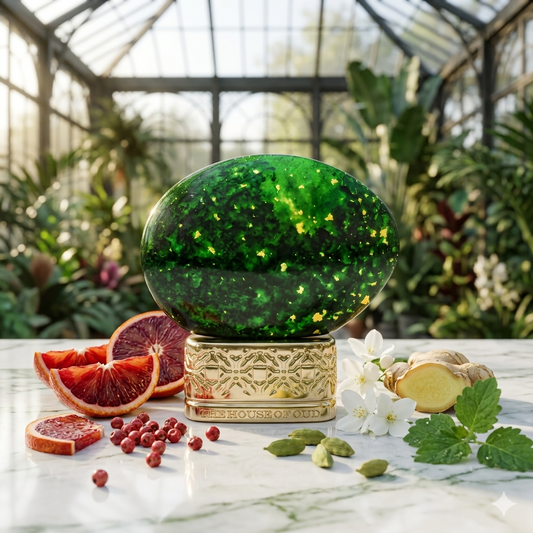 Frasco en forma de huevo verde esmeralda y oro de The House of Oud Emerald Green sobre mármol con naranja sanguina, jengibre, cardamomo y jazmín, estilo Casa Flores.