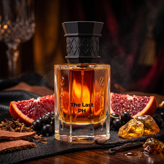 Frasco octogonal de The Last PH de Calaj con tapón negro tallado sobre cuero con naranja sanguina, tabaco y ámbar, estilo Casa Flores.