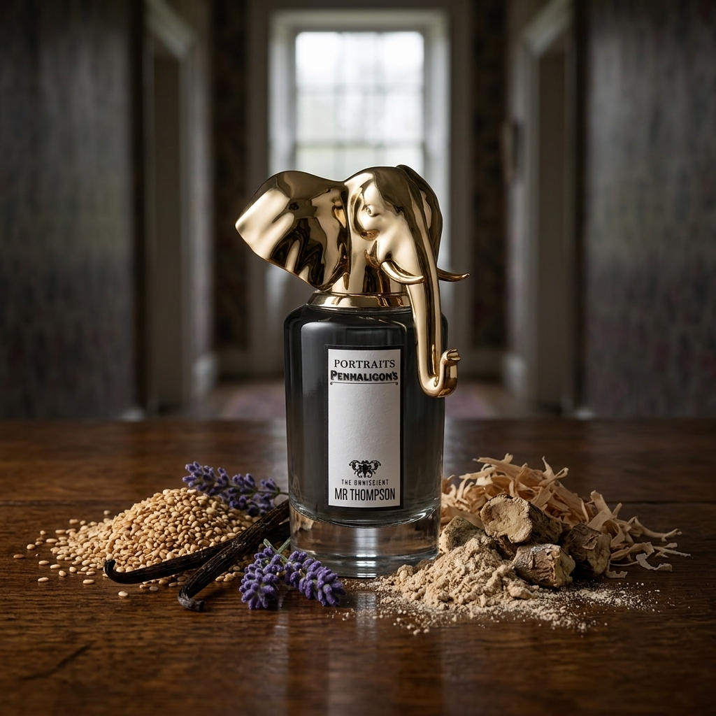 Frasco de Penhaligon's The Omniscient Mr Thompson con tapón de elefante dorado sobre madera de roble con iris, sésamo tostado y vainilla, estilo Casa Flores.