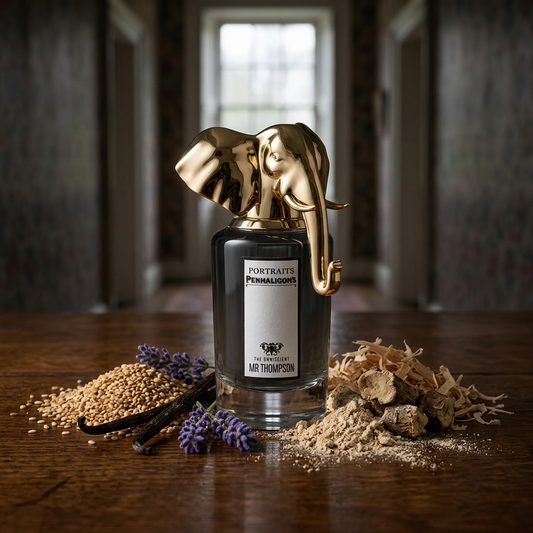 Frasco de Penhaligon's The Omniscient Mr Thompson con tapón de elefante dorado sobre madera de roble con iris, sésamo tostado y vainilla, estilo Casa Flores.
