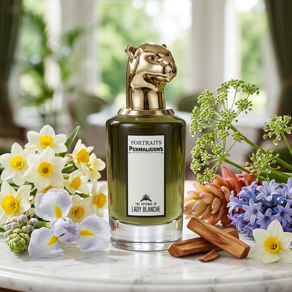 Frasco de Penhaligon's The Revenge Of Lady Blanche con tapón de leopardo dorado rodeado de narcisos, iris, jacintos, flores de jengibre, angélica y sándalo, estilo Casa Flores.